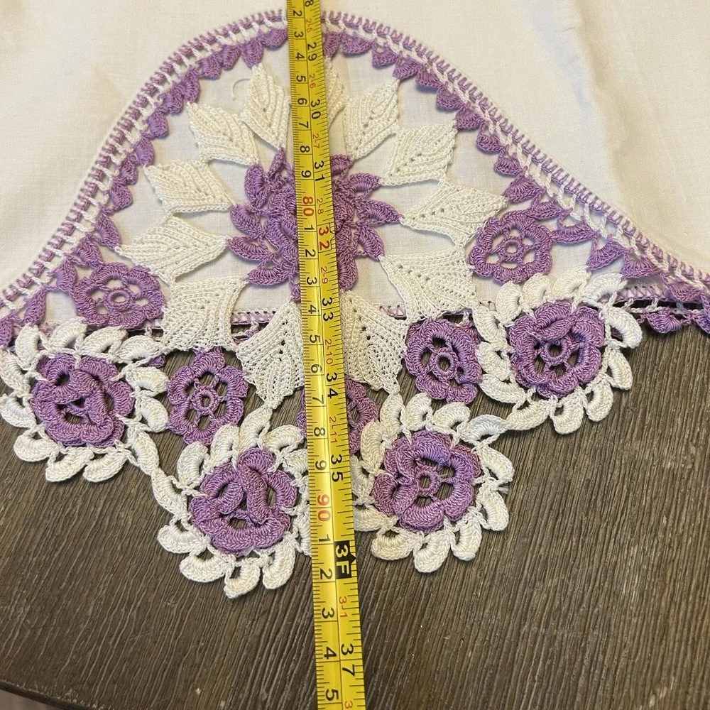 Vtg Stevens Mohawk Cotton Linens 4pc Hand Crochet Purple Floral Pillowcase Shams